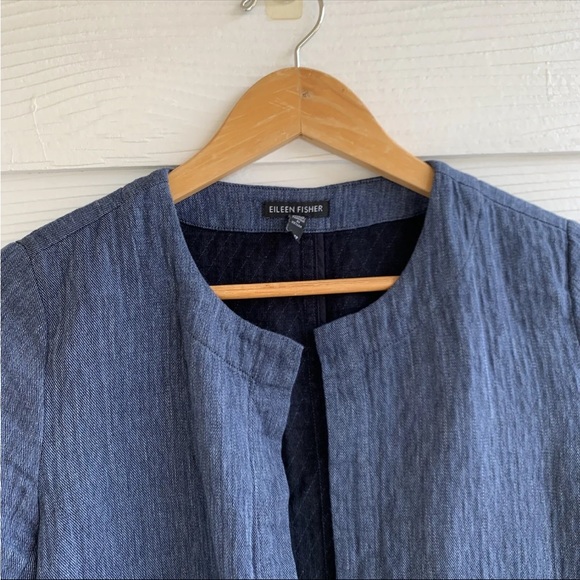 Eileen Fisher Blue Blazer Jacket size XS Open Front Cotton Linen Blend Pockets - Picture 2 of 10